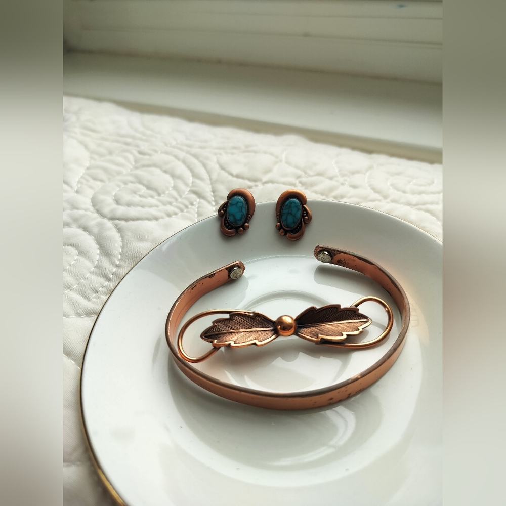 Copper Pure Bracelet and Turquoise Earrings And Broch